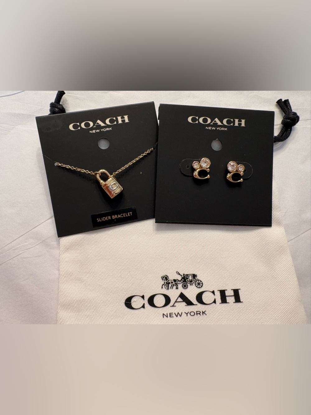 Coach Gold Padlock Necklace and Gold Crystal Accent Earrings Set